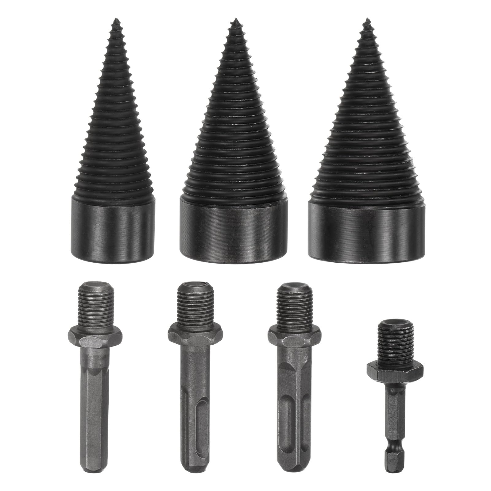 M METERXITY 3-Pack Wood Splitter Drill Bit 32mm + 42mm + 45mm + 4 Handles (Square + Round + Hex Shank + Small Hex) Firewood Log Splitter Drill Bit for Family/Outdoor/Stove/Farm [Black+Grey]