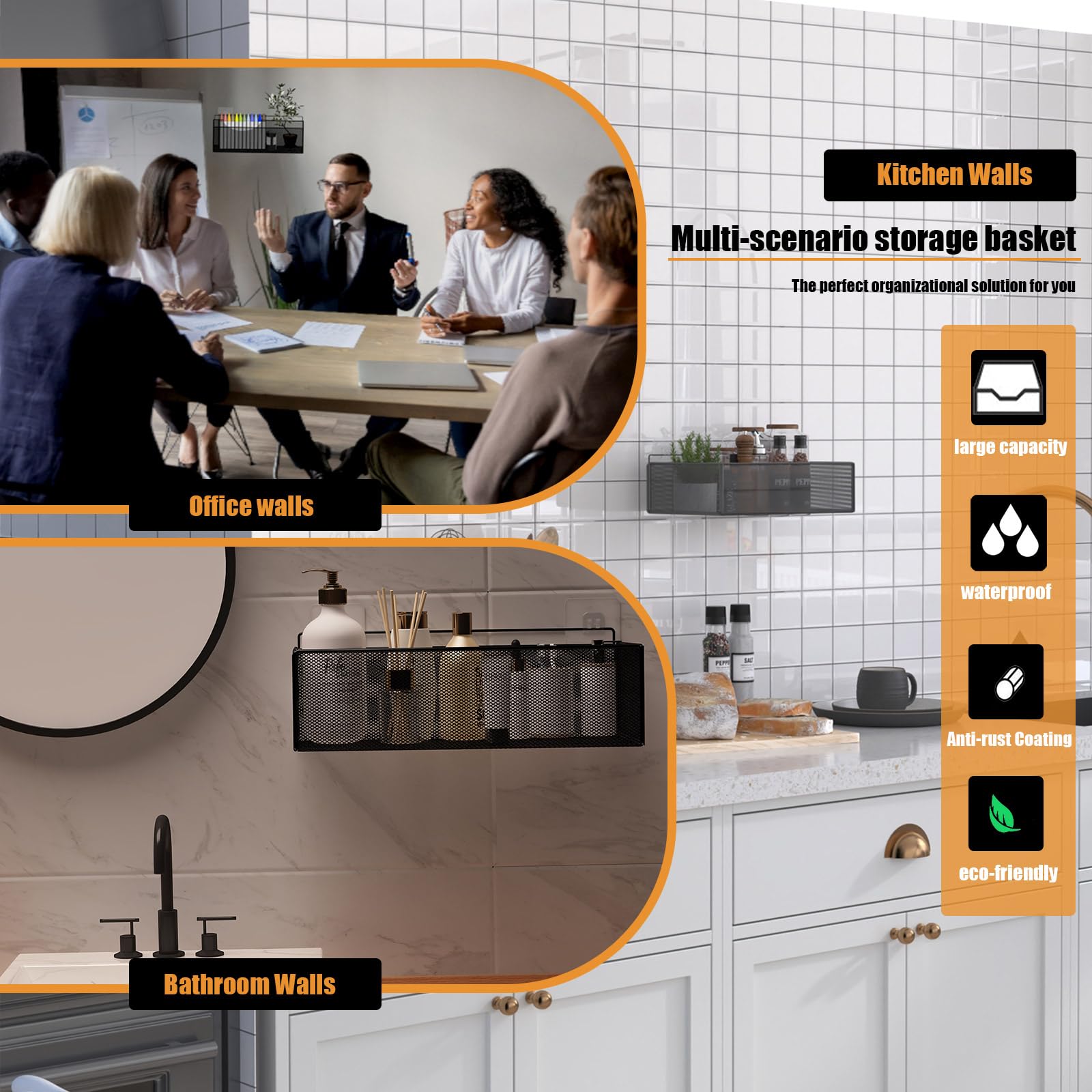 orbixa Under Desk Storage Organizer Clamp-On,Mesh Metal 3-IN-1 desk side storage- Use on desk,under desk or as a hanging wall organizer for office supplies & home essentials (black color)