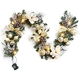 6ft Christmas Garland with Lights, Prelit Outdoor Christmas Garland with Timer 20 LED Lights Pine Cones Gold Ball Ornaments Bow for Mantle Fireplace Stairs Railing Indoor Decorations, Battery Operated