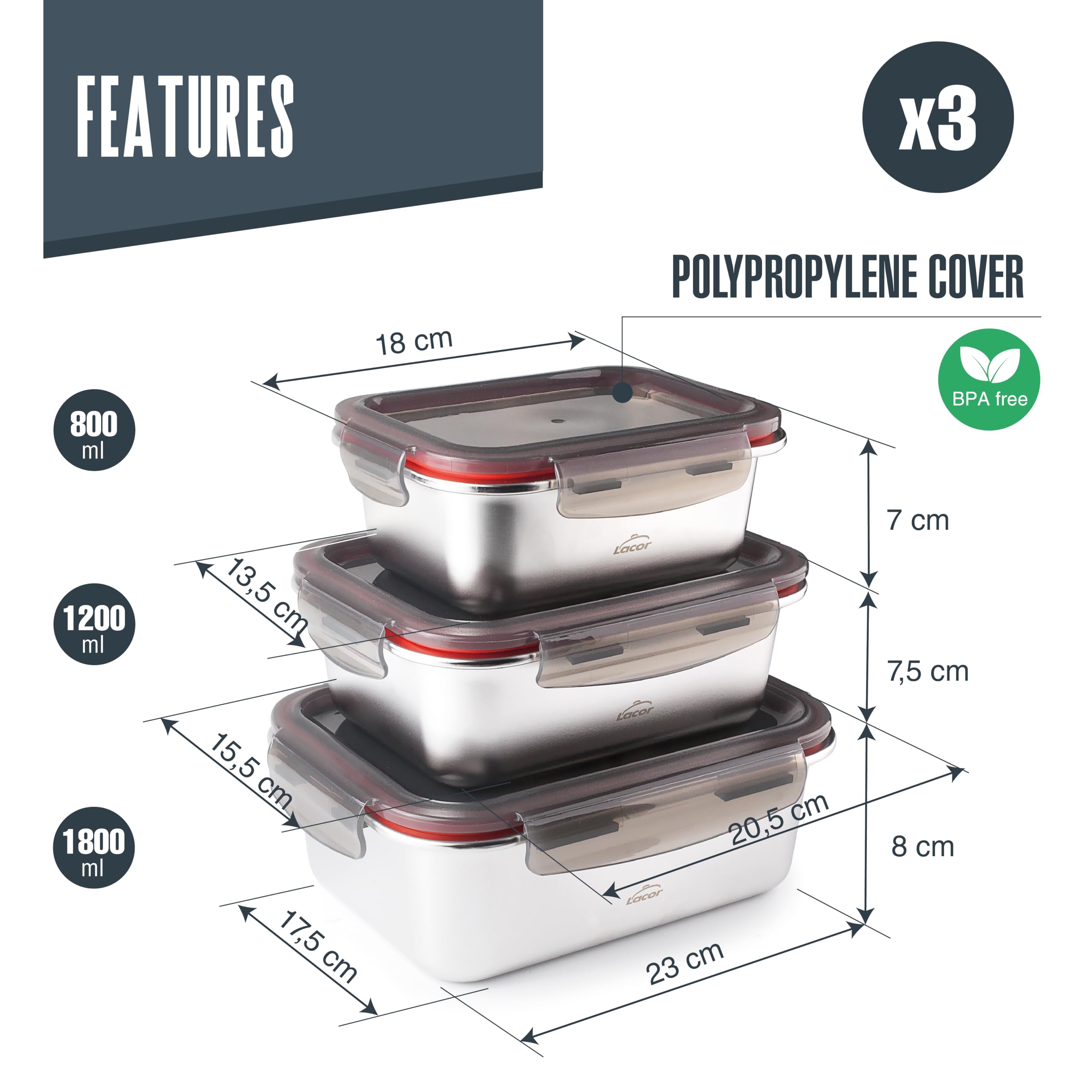 LACOR 64617 - Set mit 3 Behältern für Lebensmittel, Ecoinox, Edelstahl 18/10, 800/1200/1800 ml, geeignet für Mikrowelle, Backofen, Gefrierschrank und Spülmaschine, luftdicht, BPA-frei 2