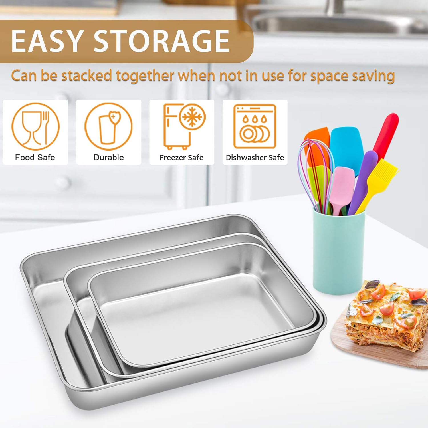 Baking Pans Set of 3, E-far Stainless Steel Sheet Cake Pan for Oven - 12.5/10.5/9.4Inch, Rectangle Bakeware Set for Cake Lasagna Brownie Casserole Cookie, Non-toxic & Healthy, Dishwasher Safe: Kitchen & Dining