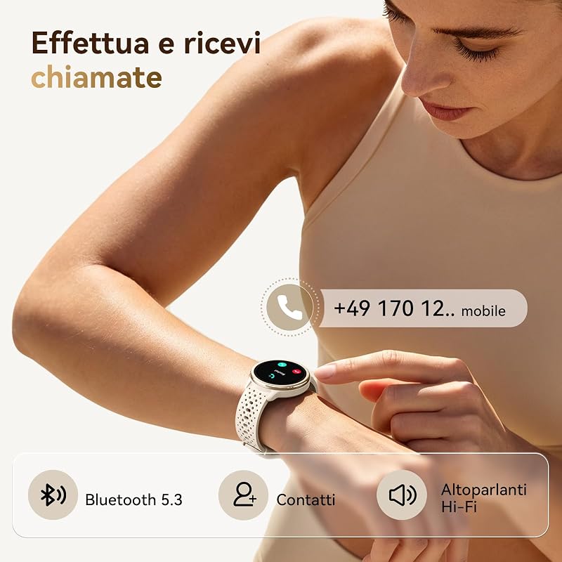 Smartwatch Donna 1.27'' Orologio Uomo Rotondo con 2 Cinturini,120+ Modalità Sportive, Corsi di Ginnastica 3ATM Monitoraggio Salute e Sonno Contapassi Fitness Watch per Samsung/Android/iPhone Albicocca — foto 5 di 8