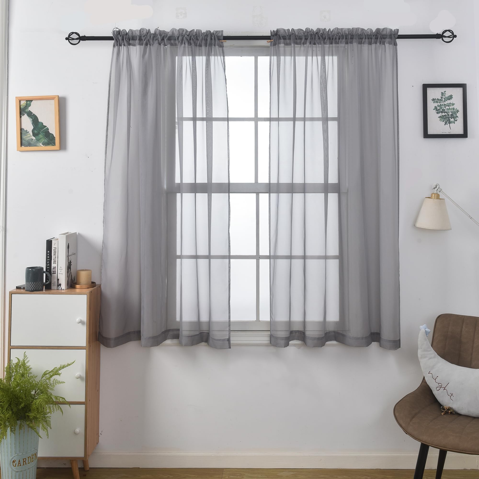 Aquazolax Kitchen Net Curtains 72 Drop, Voile Room Divider Door Panels Set of 2 Window Net Curtains with Tie Backs, 54x72 inch/ 137x183cm, Grey