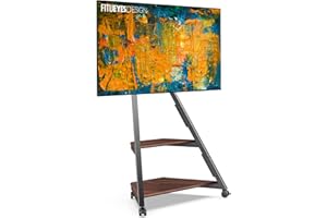 FITUEYES Design Corner TV Stand for 32 43 50 55 65 Inch TVs, Small Spaces Floor TV Stand Rolling TV Cart for LCD/LED Flat Curved Screens, Modern Living Room Television Stands, Eiffel Series, Walnut