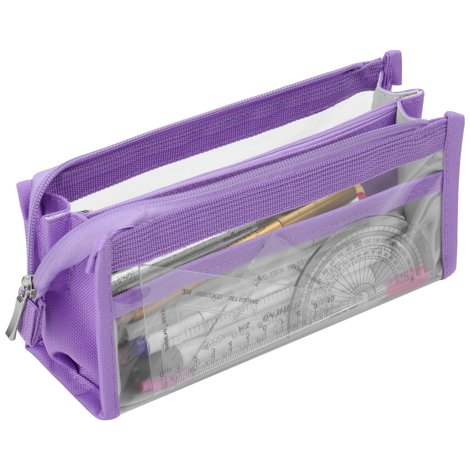 hoinya Large Capacity Pencil Case - 6 Compartments Transparent Pencil Pouch, Multi-Function Organiser for Middle School College University Students, Ideal for Office, Home or Travel Supplies (Purple)