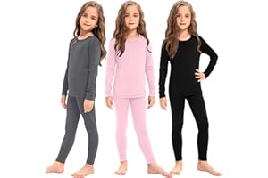 Silkfly 3 Set Girls Thermal Underwear Soft Winter Thermal Top and Bottom with Fleece Lined Base Layer for Girls