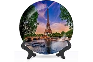 XQSSAHRRNIEV Ceramic Hanging Decorative Plate Paris Eiffel Tower and river Seine at sunset in Paris France Eiffel Wall Plate Ceramic Ornament for Home & Office, Dining, Parties, Wedding Collector Plate