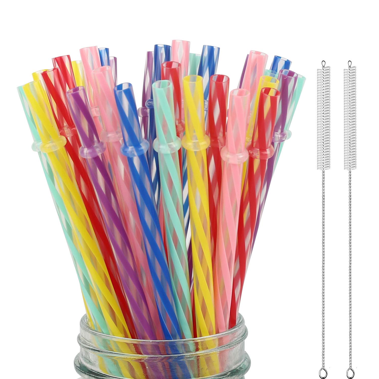 32 Pieces Re-usable PP Straws Fit for Mason Jars, Tumblers, BPA-Free, 9" Rainbow Colored Unbreakable Drinking Straws with 2 Cleaning Brushes and Straw Carrying Case- Eco-Friendly