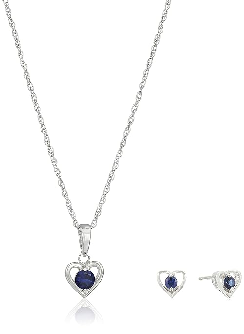 Amazon Essentials Womens' Petite Sterling Silver Created Blue Sapphire Open Heart Stud Earrings and 16" Pendant Necklace Jewelry Set