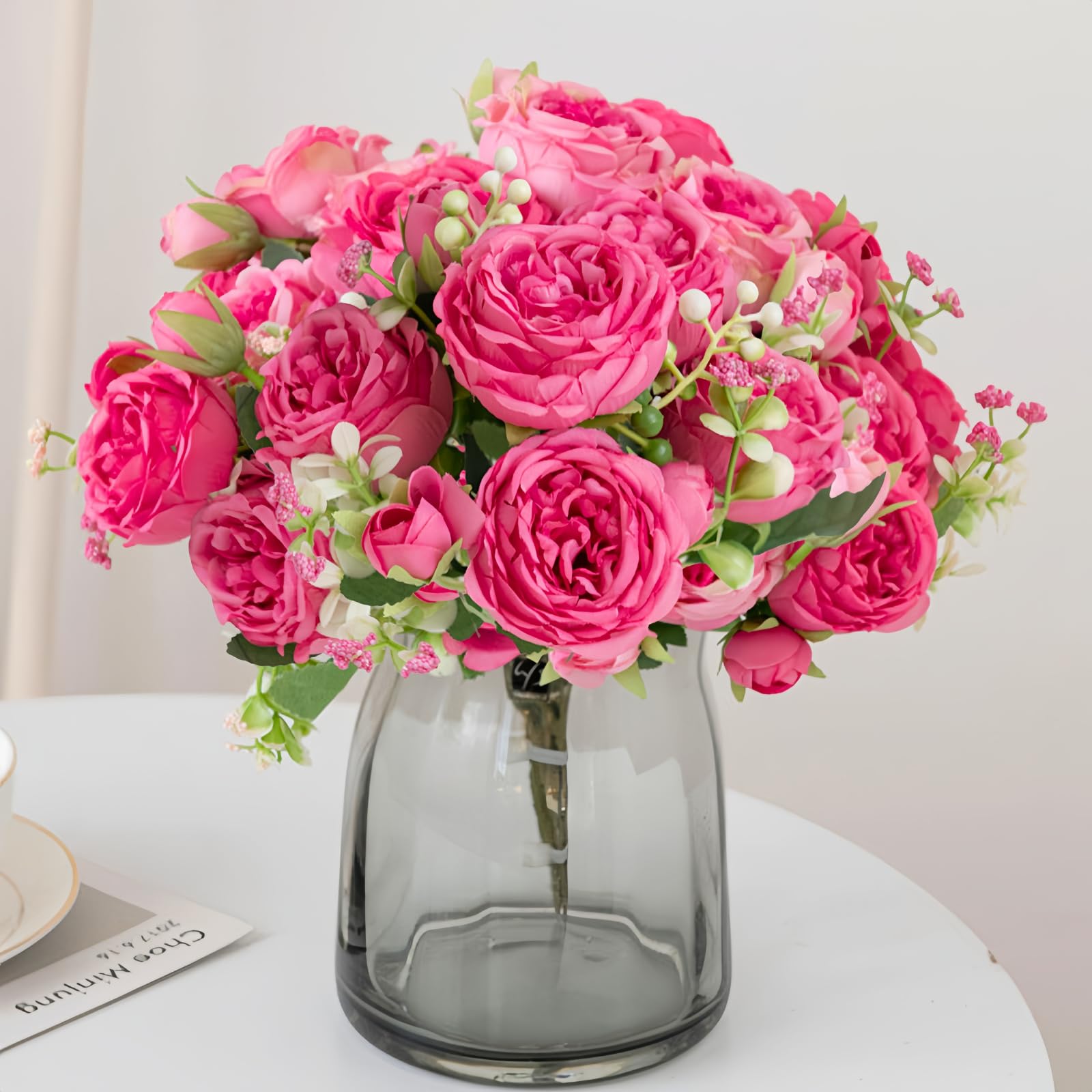 Photo 1 of 3 Bunches Artificial Flowers, Silk Fake Peonies Faux Hot Pink Artificial Flowers Peonies Bouquet Arrangements Table Centerpieces for Wedding Office Home Decor Cake 3pcs