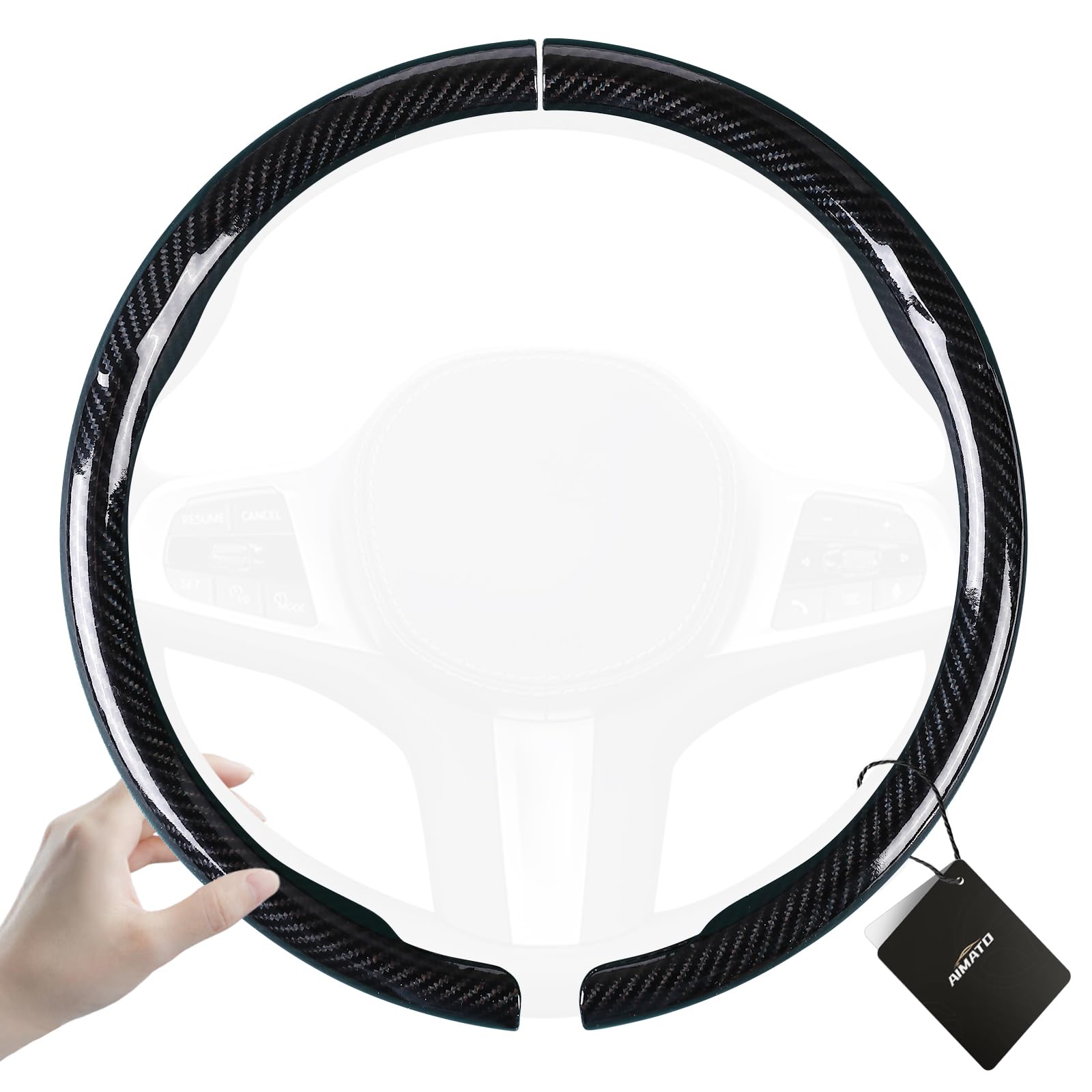 Photo 1 of Aimato Carbon Fiber Steering Wheel Cover 2 Piece Non-Slip Clip on Steering Wheel Cover,Ultra-Thin Breathable,Universal Fit 14.5"-15" Wheel,Bright Black