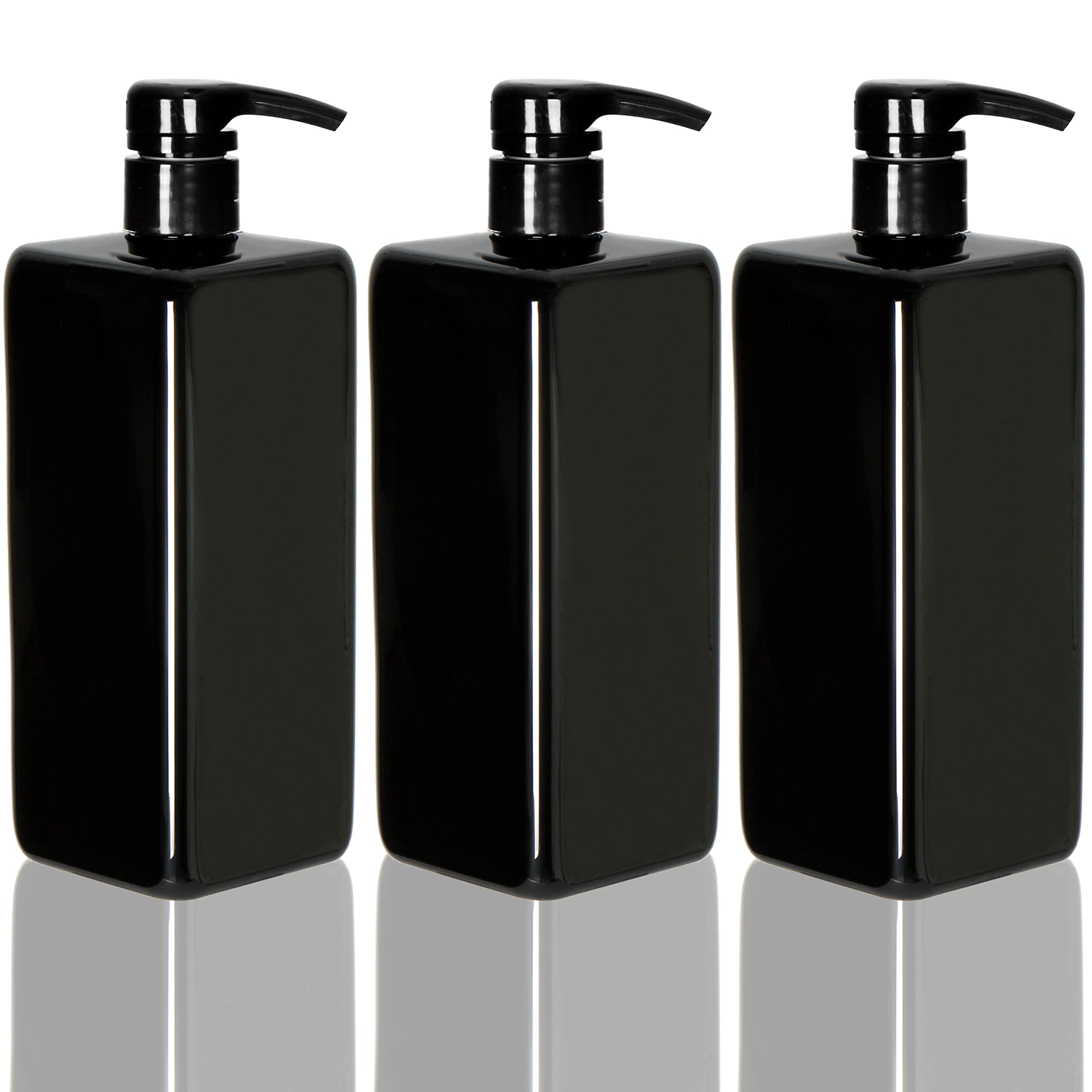 Youngever 3 Pack Black Pump Bottles for Shampoo 700ML, Empty Shampoo Pump Bottles, Plastic Square with Lockdown-Leak Proof-Pumps