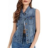 Ellunis Women's Denim Vest Button Down Jacket W Chest Flap Pockets 2025 Washed Distressed Sleeveless Jean Jacket