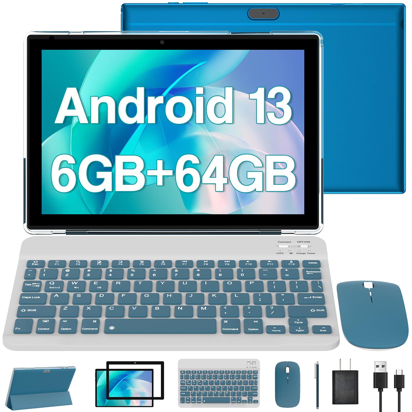 CUPEISI Android 13 Tablet, 10.1 Inch 8GB RAM+64GB ROM Tablet with Keyboard Case Mouse Stylus, 2.0GHz Quad-Core Processor, 8MP Dual Camera Tableta, 10'' HD 5G Wi-Fi 6 BT Tab PC