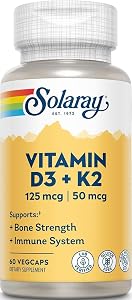 SOLARAY Vitamin D3 K2 Capsules, 60 VegCaps | Bone & Immune Support, 5000 IU Vitamin D3, 50 mcg MK7 Vitamin K2, 60 Servings, M
