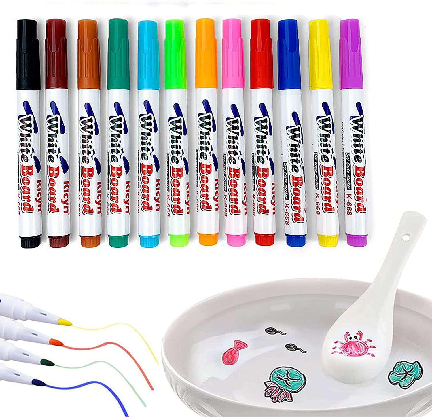 Moonlove 12Colors Magical Whiteboard Pens Water Floating Erasable Painting Washable Dry Erase Marker Doodle Marker Funny Interesting Drawing Pen for Kids Children Durable Water-Based