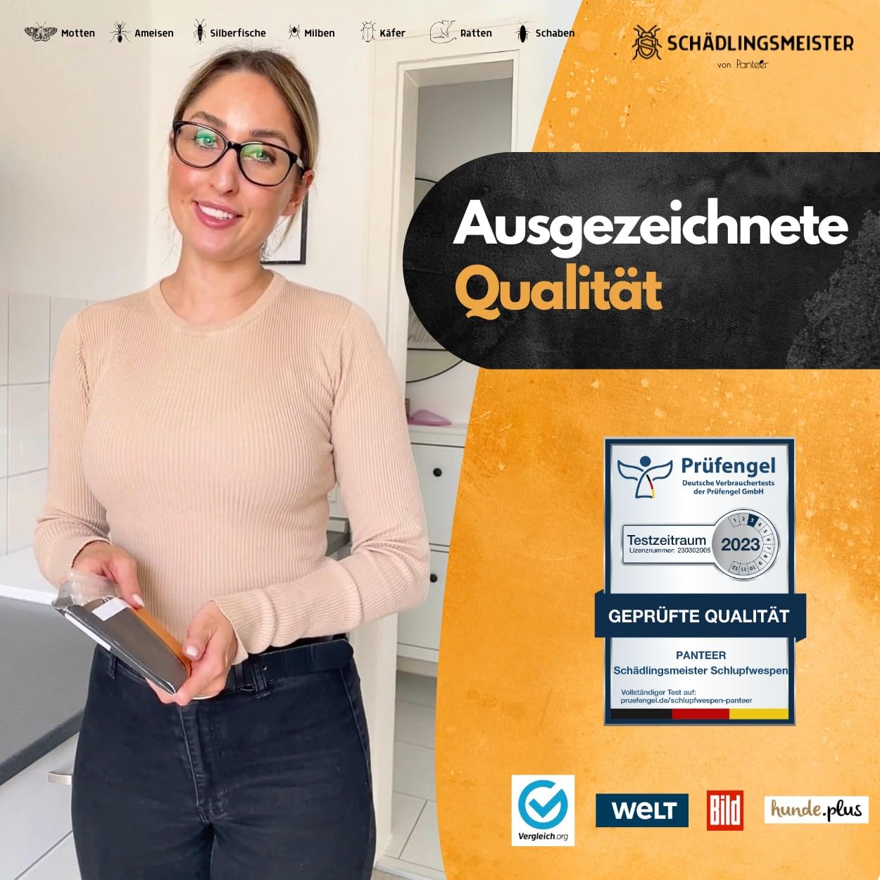 Panteer® Schlupfwespen gegen Lebensmittelmotten + GRATIS Mottenfalle - 9 Karten (3 Karten à 3 Lieferungen) - Schlupfwespen - Lebensmittelmotten Falle - Schlupfwespen gegen Motten - Made in Germany 7