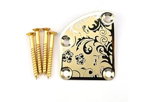 OVSAL Stainless Steel Engraved Electric Guitar Neck Plate 4-Bolt Curved Neck Joint Plate Joint Reinforce Board for Strat ST Telecaster Tele Bass Electric Guitar Part Replacement (Gold)