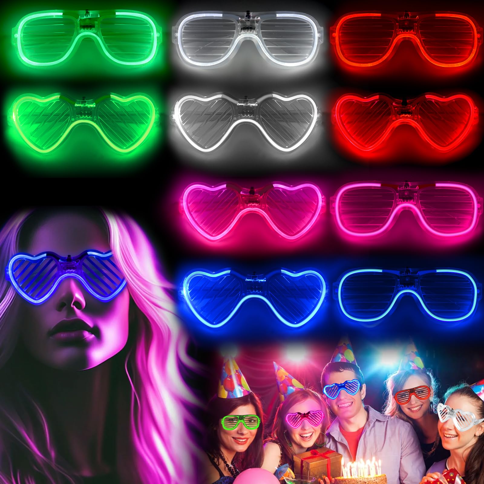 HAASIKI 10 Pcs Neon Party Glasses in 5 Colour Light up Glasses for Birthday, LED Light Up Glasses for Adults, Glow in the Dark Party Supplies for Neon Party Decorations