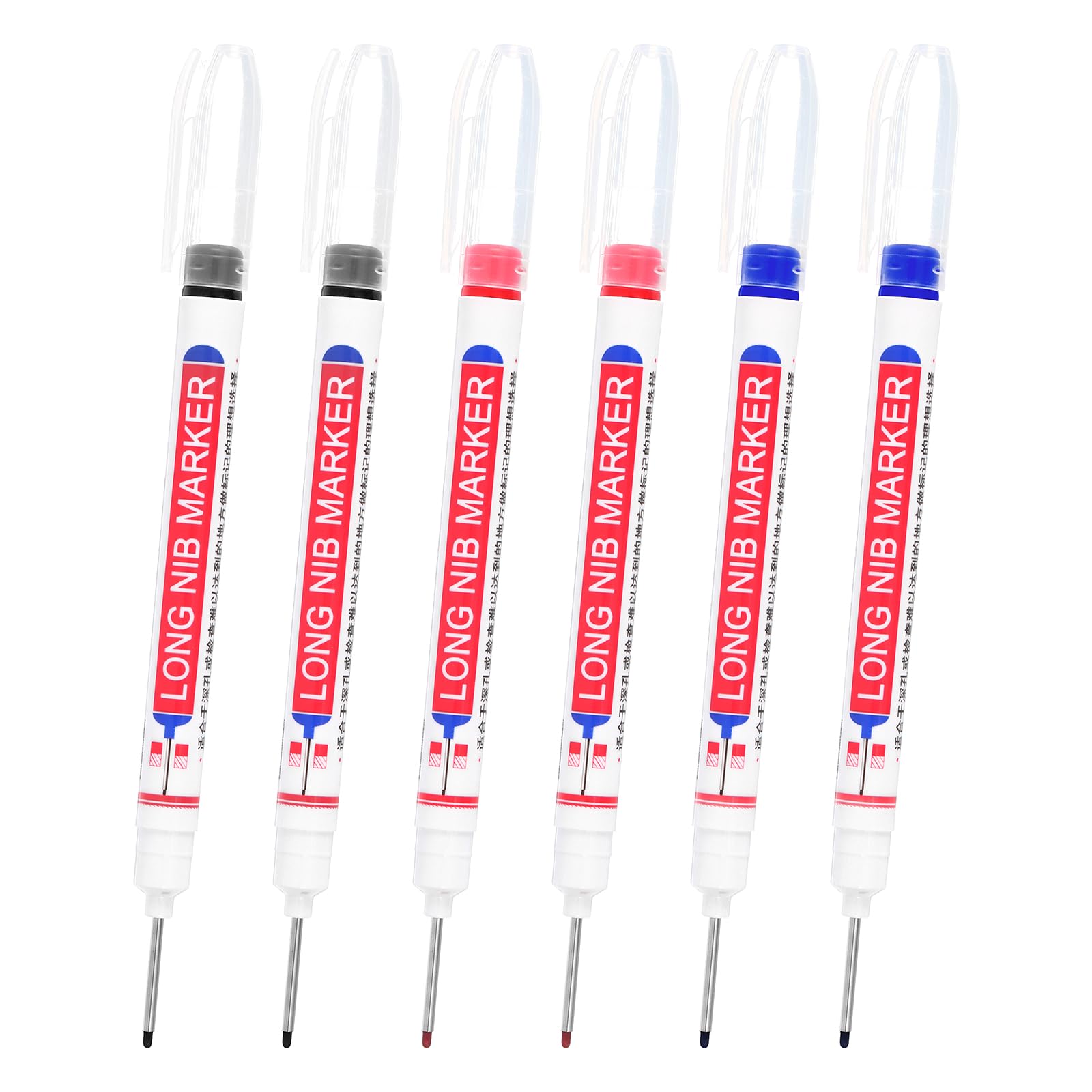 PATIKIL Deep Hole Marker Pens, 6Pcs Ink Waterproof Deep Reach Markers 22mm/0.87 Inch Long Nose Marker Scriber Pen for Woodworking Builders, Black, Red, Blue
