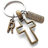 Custom Bronze Cross Charm Keychain with Saying Tag Charm, Personalized with Letter Charm, Religious Christian Keychain