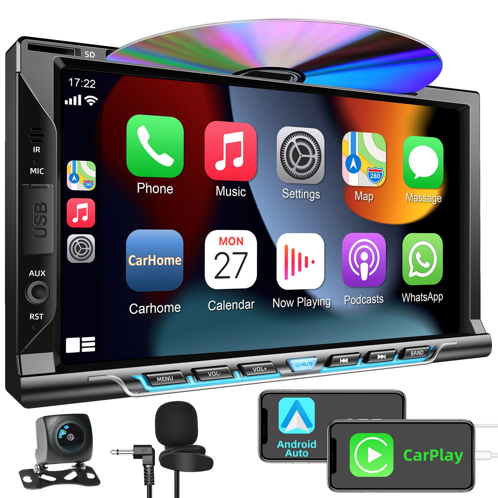 Photo 1 of Double Din car Stereo with CD/DVD Player- CarPlay & Android Auto, Car Audio with Bluetooth, 7 Inch HD Touchscreen, Rear Camera, USB/TF/AUX, AM/FM, Subwoofer Radio Receiver