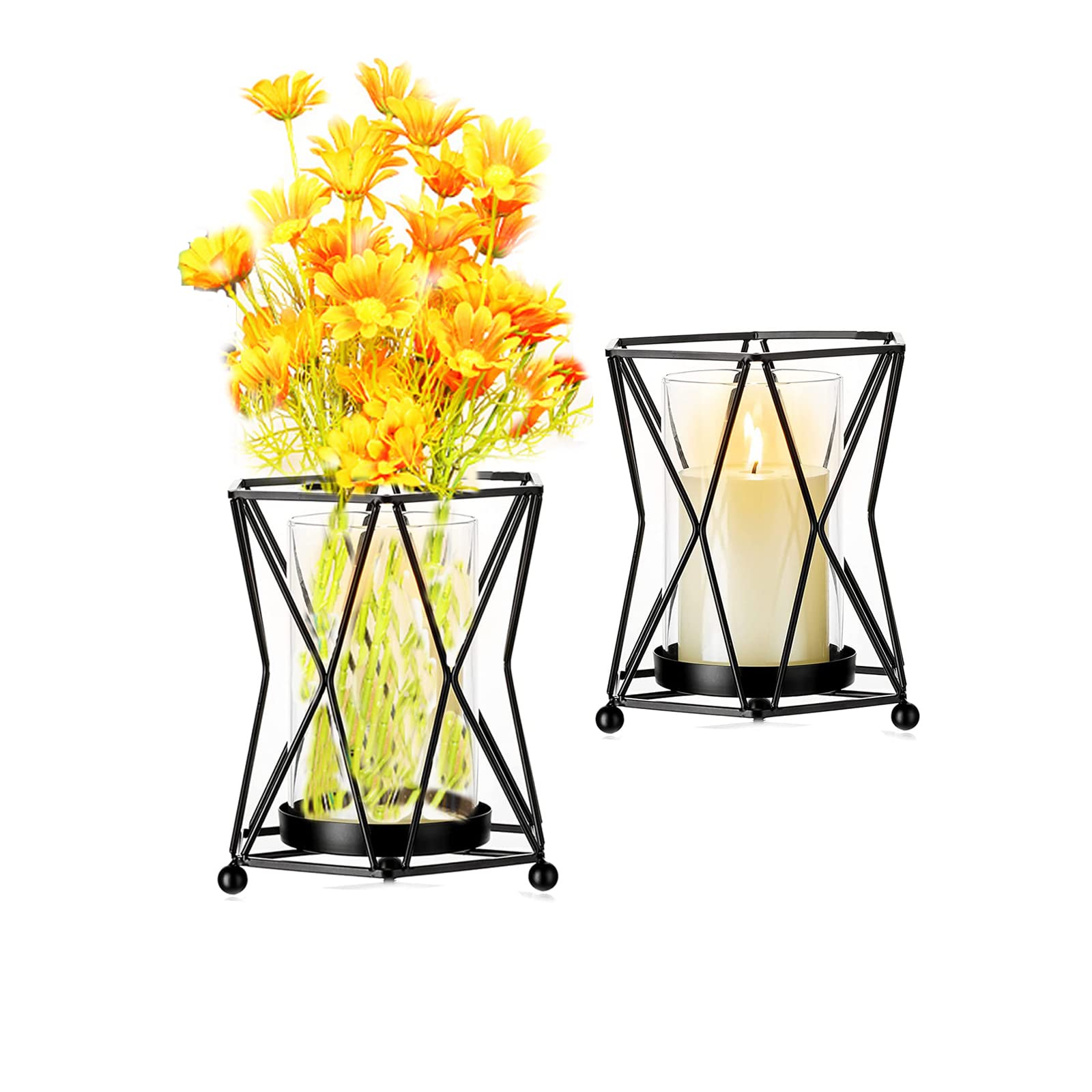 Geometric Glass Vase Black EylKoi: 2pcs Vases Home Decor Terrarium Crystal Vases for Flowers, Modern Pillar Glass Hurricane Candle Holders Decor Wedding Centerpieces for Home Bathroom Dining Table