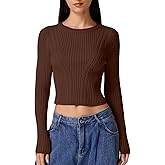 QINSEN Womens Cable Knit Crewneck Sweaters Ribbed Hem Slim Fit Long Sleeve Pullover Crop Tops