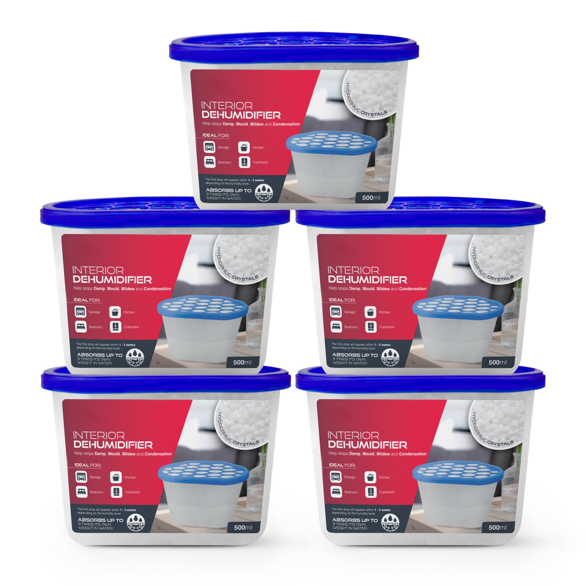 Sterlix Pack of 5 500ml Dehumidifier Tubs for Condensation,Humidity, Damp, Mould, Moisture, Allergens, Mildew & Neutralising Odours for Domestic us at Home, Office, Garage, Windows & Wardrobes