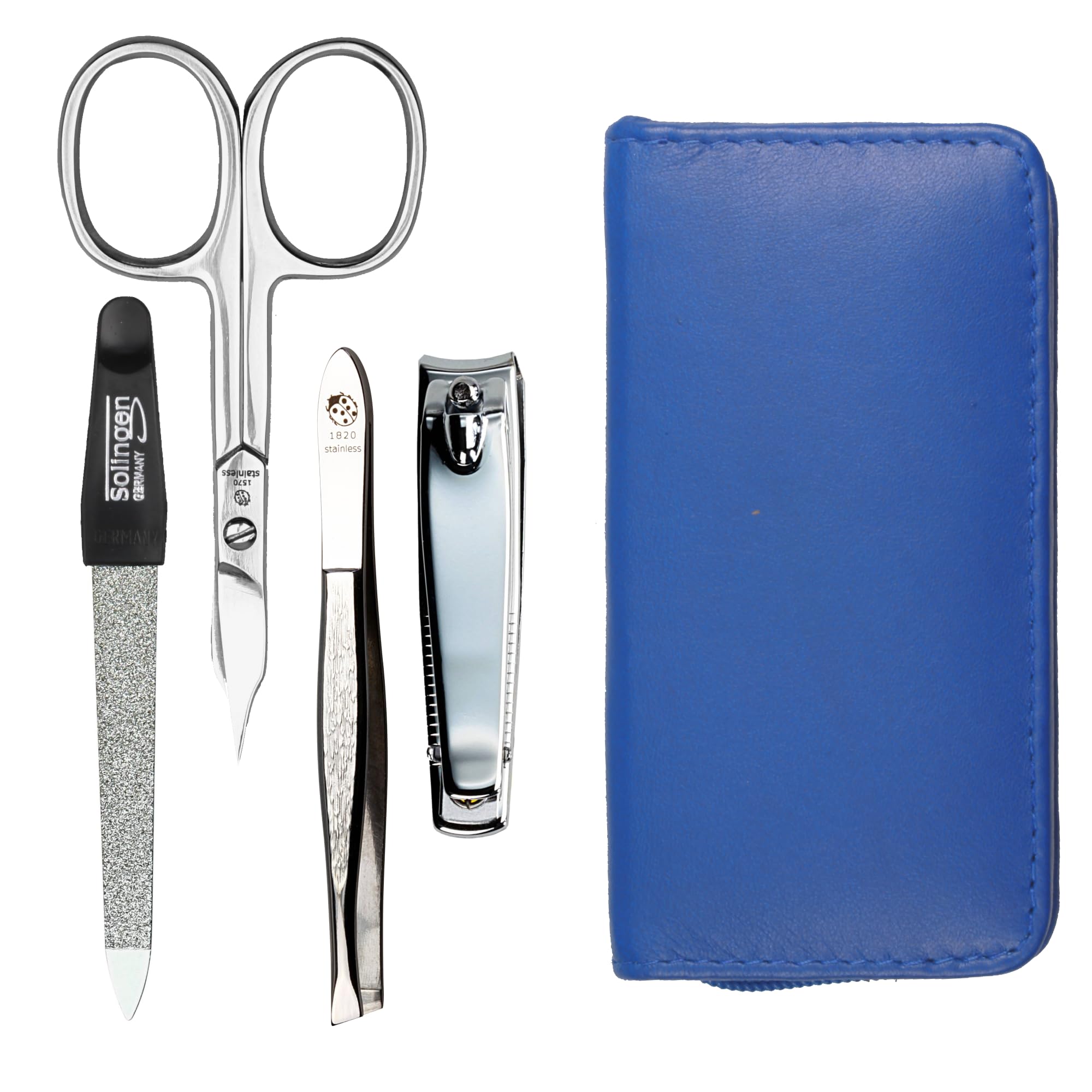 Manicure Set 4-Piece Travel Case - Nail Scissors, Nail Clippers, Nail File and Tweezers - Case Made of Genuine Nappa Lambskin Leather - Manicure and Pedicure (Cobalt Blue)