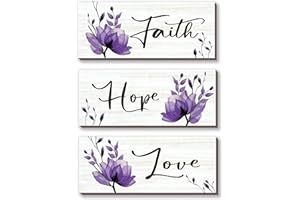 DONFENTHY 3 PCS Purple Wall Decor Purple Flower Inspirational Bathroom Decor with Hope Love Faith Positive Word Wooden Farmhouse Wall Art For Home Bedrooms Living Rooms Office Kitchen(Purple 10x4)