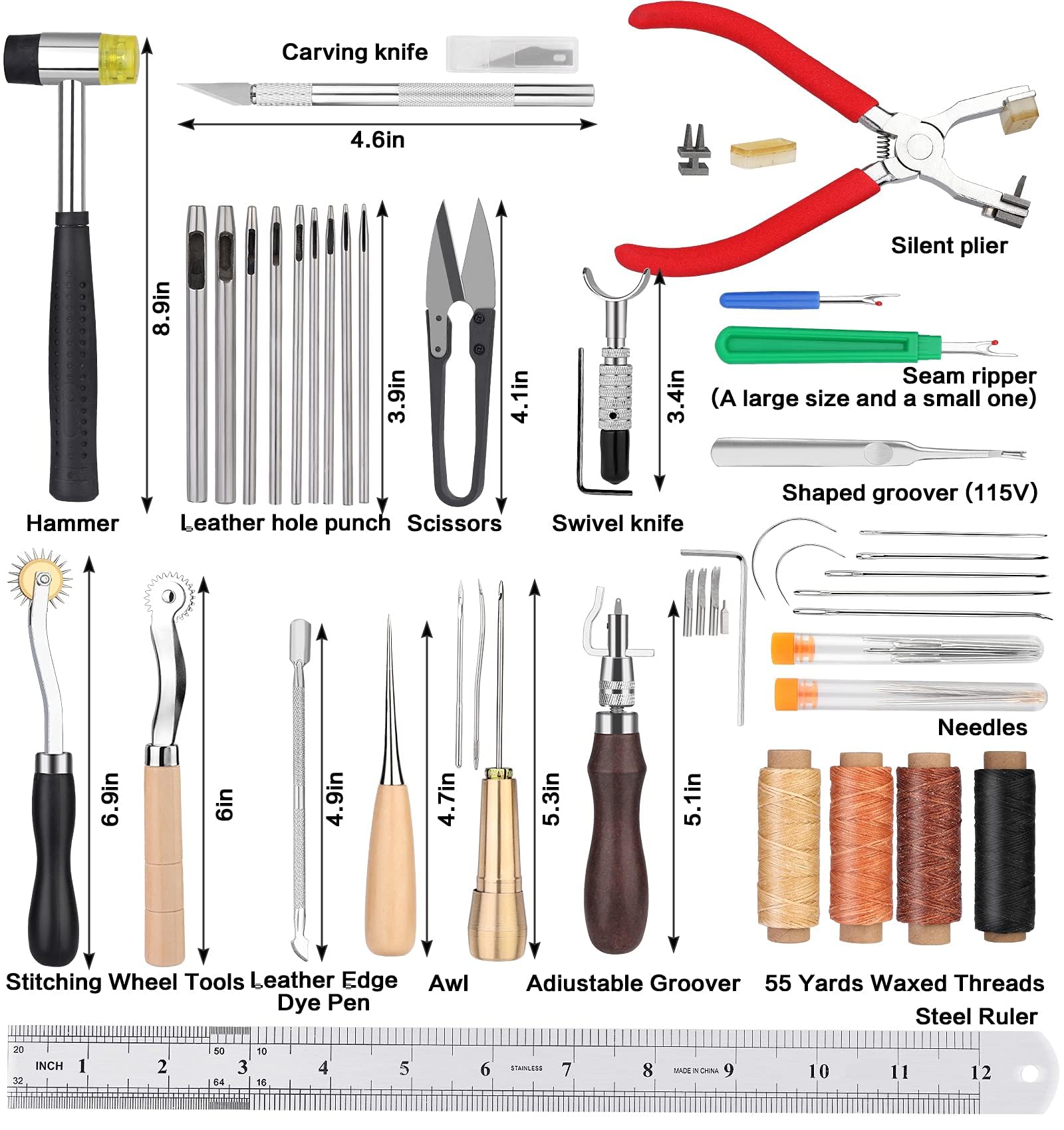 273 Pieces Leather Working Tools and Supplies with Leather Tool Box Cutting Mat Hammer Stamping Needles Snaps and Rivets Kit Perfect for Stitching Punching Cutting Sewing Leathercrafting Making