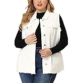 Agnes Orinda Denim Jackets for Women 2025 Plus Size Button Front Lapel Frayed Washed Sleeveless Long Jean Vest