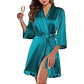 Ekouaer Women's Satin Robes Silk Kimono Bath Robe Short Ruffled Hem Bride Bridesmaid Sleepwear with Pockets