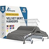 Lifemaster Velvet Skirt Hangers – with Adjustable Clips, 360 Degree Swivel Hook, and Non-Slip Shoulder Notch, Holds Up to 10 lbs, for Organizing Skirt, Pants, Dress, and Clothes, Pack of 10, Gray