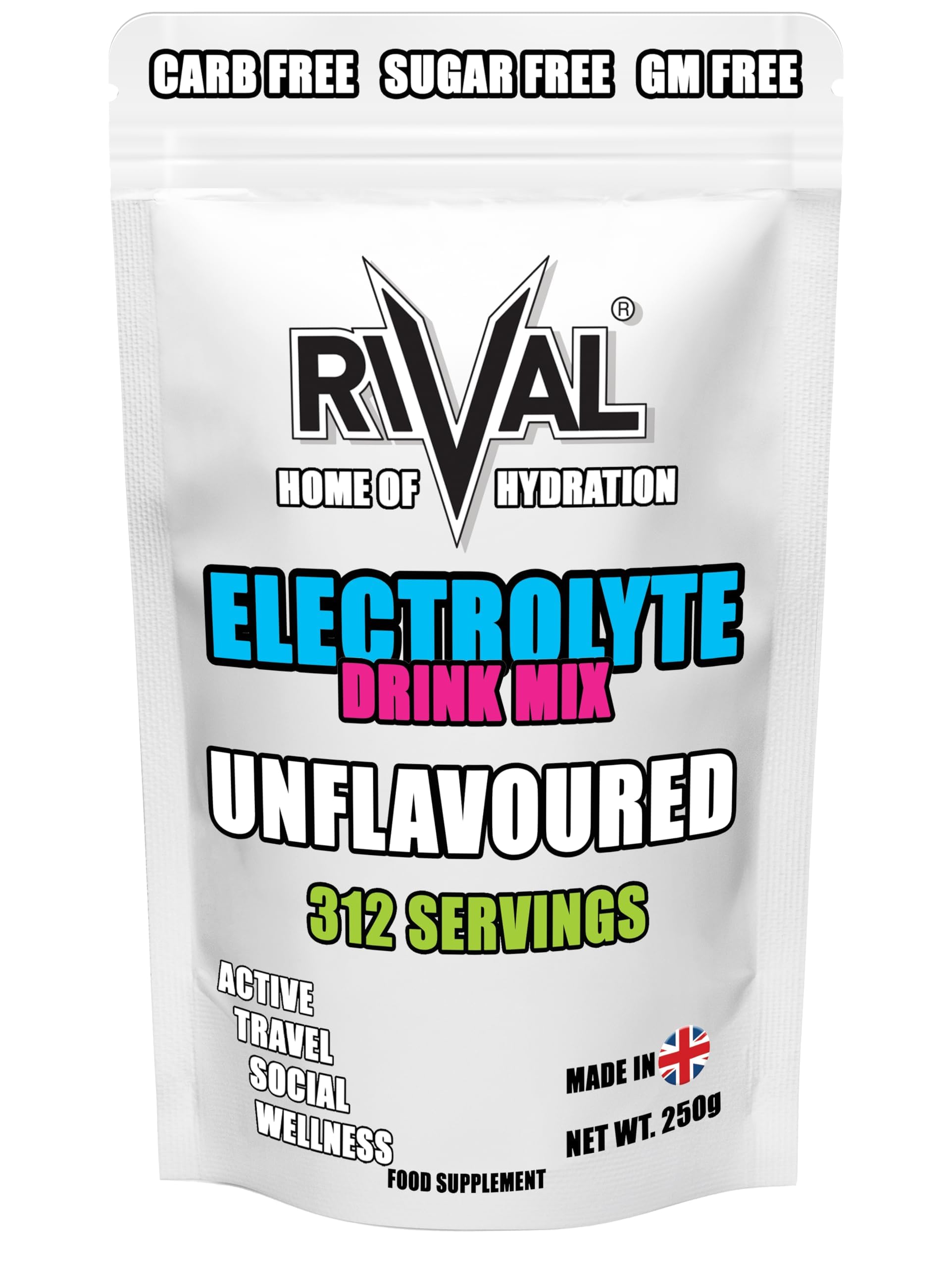 Electrolyte Powder Unflavoured – Zero Sugar Hydration Drink Mix for Running, Cycling, Keto & Fasting – Sodium, Potassium, Magnesium – 312 Servings – 250g