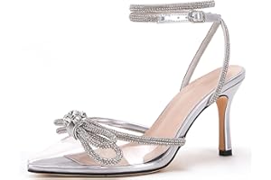 VETASTE Women's Double Bow Pointed Toe Ankle Strap Crystal Pumps Wedding Bridal Party Stilettos Backless Satin Heeled Sandals