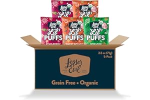 LesserEvil Lil' Puffs Variety Pack, Contains 2 Sweet Potato Apple, 2 Strawberry Beet, and 1 Veggie Blend, Organic Snacks for Kids, Rice-Free, 0g Sugar Per Serving, 2.5 Oz, (Pack of 5)