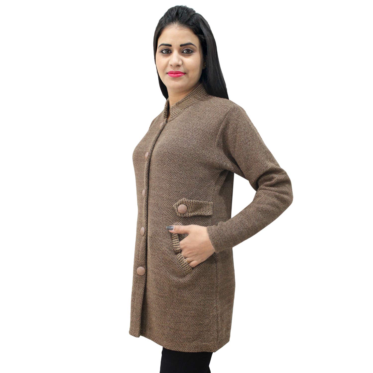 matelco womens woollen brown buttoned cardigan/coat with pockets