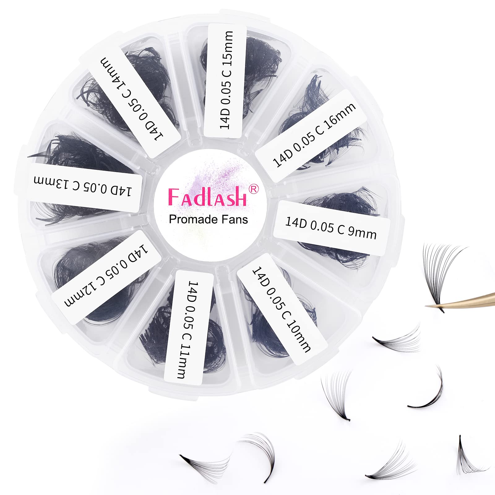 Premade Volume Eyelash Extensions 14D 0.05 C Curl 1000pcs Russian Lashes 9-16mm Mixed Tray Pre-Made Russian Lashes Handmade Promade Loose Fans — image 1