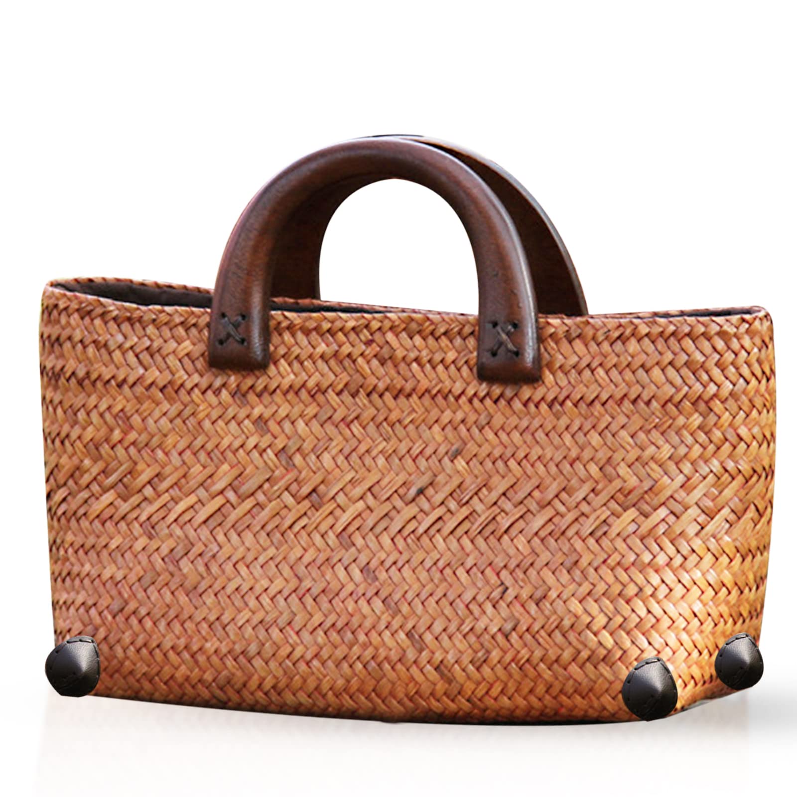 Photo 1 of (BAGGED) (USED/FAIR) QTKJ Straw Bag for Women, Summer Beach Handmade Rattan Tote Bag, Round Wooden Handle, Boho Retro Straw Woven Handbag, Large Capacity Beach Vacation Bag (Brown)