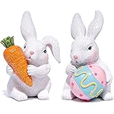 Hodao Easter Bunny Decoration - Set of 2 Resin Rabbit Figurines with Carrot and Easter Egg, Cute Spring Bunny Decor for Home, Tabletop, and Gift - 5.3" Tall