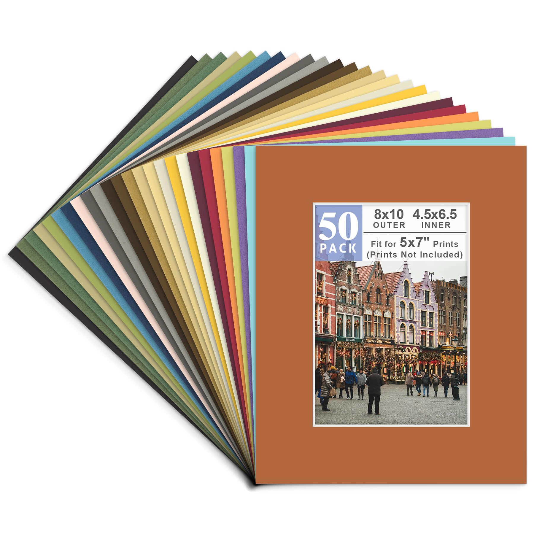 Golden State Art, Pack of 50, Acid-Free Mixed Colors Pre-Cut 8x10 Picture Mat for 5x7 Photo with White Core Bevel Cut Frame Mattes