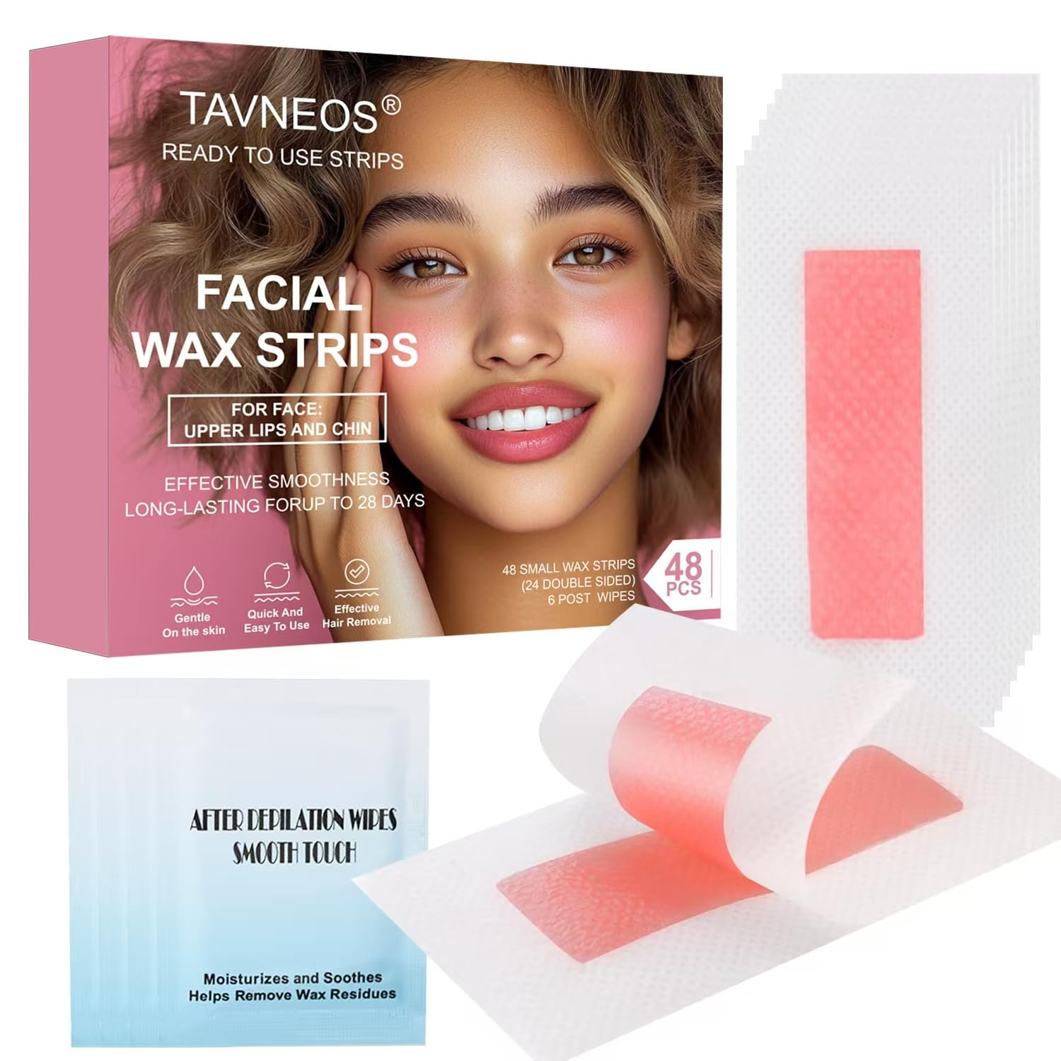 Photo 1 of 48 PCS Facial Wax Strips for Hair Removal on Face & Body | Gentle Rose Extract Formula for Sensitive Skin | At-Home Waxing Kit for Eyebrows, Upper Lip, Bikini, Brazilian with 6 Calming Oil Wipes