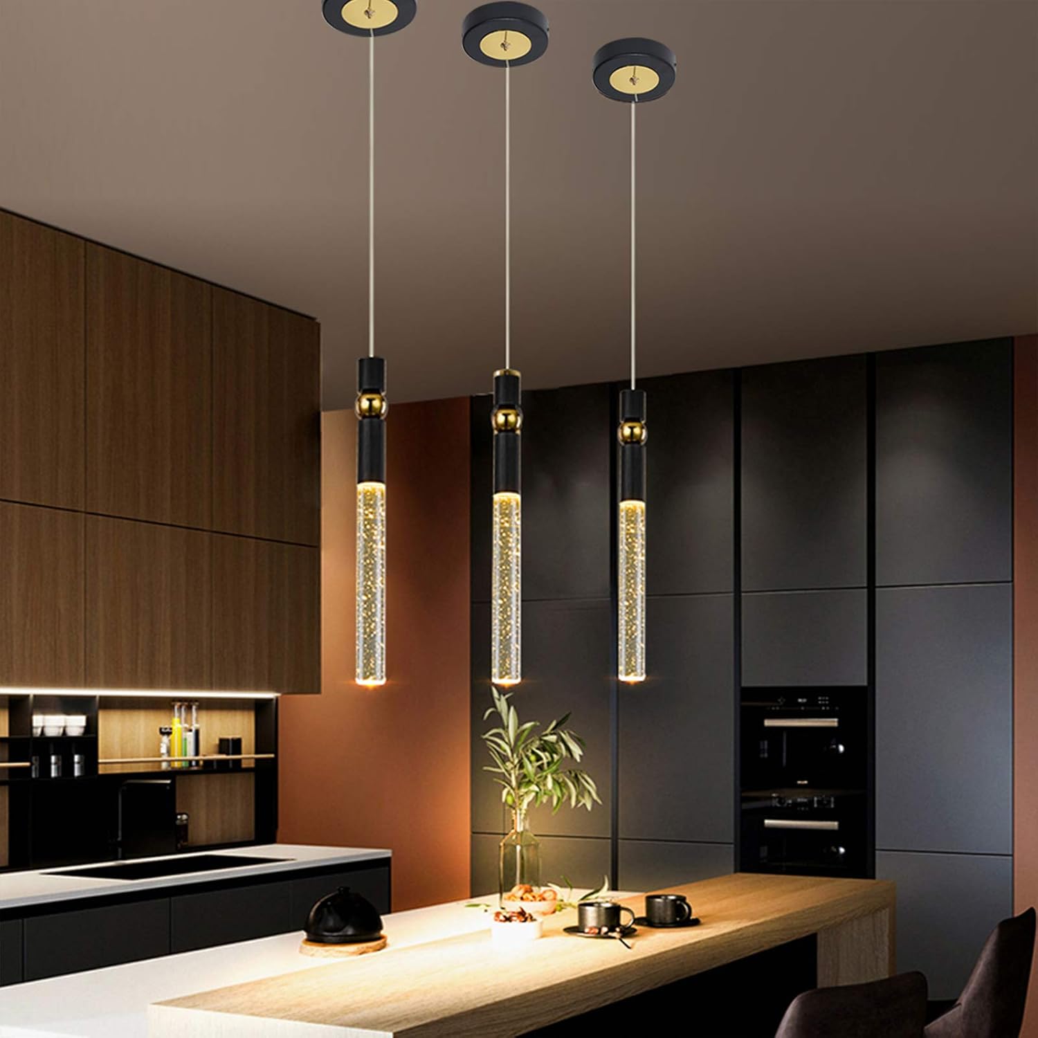 JoollySun Modern Pendant Light Fixtures - Mini LED Hanging Lighting with Seeded Crystal Cylinder for Kitchen Island Dining Room Bedroom Warm White 3000K - Black Gold - - 