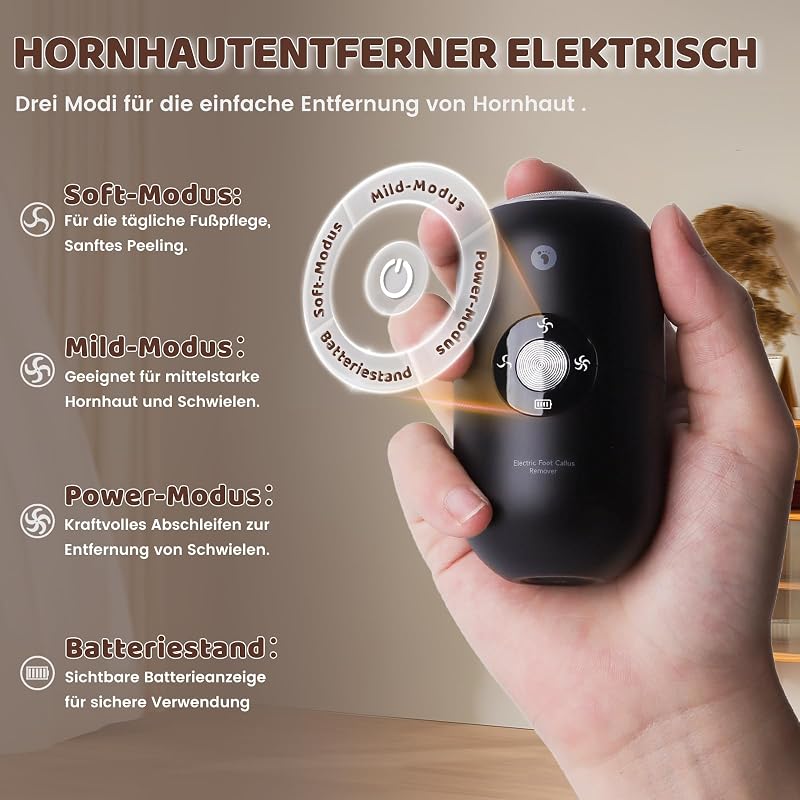 Hornhautentferner Elektrisch, Hornhaut Entfernen Fuß Elektrisch mit 2 Edelstahl-Schleifköpfen, Pediküre Set – zur Entfernung von Rissen, toter Haut & Hornhaut (Schwarz)