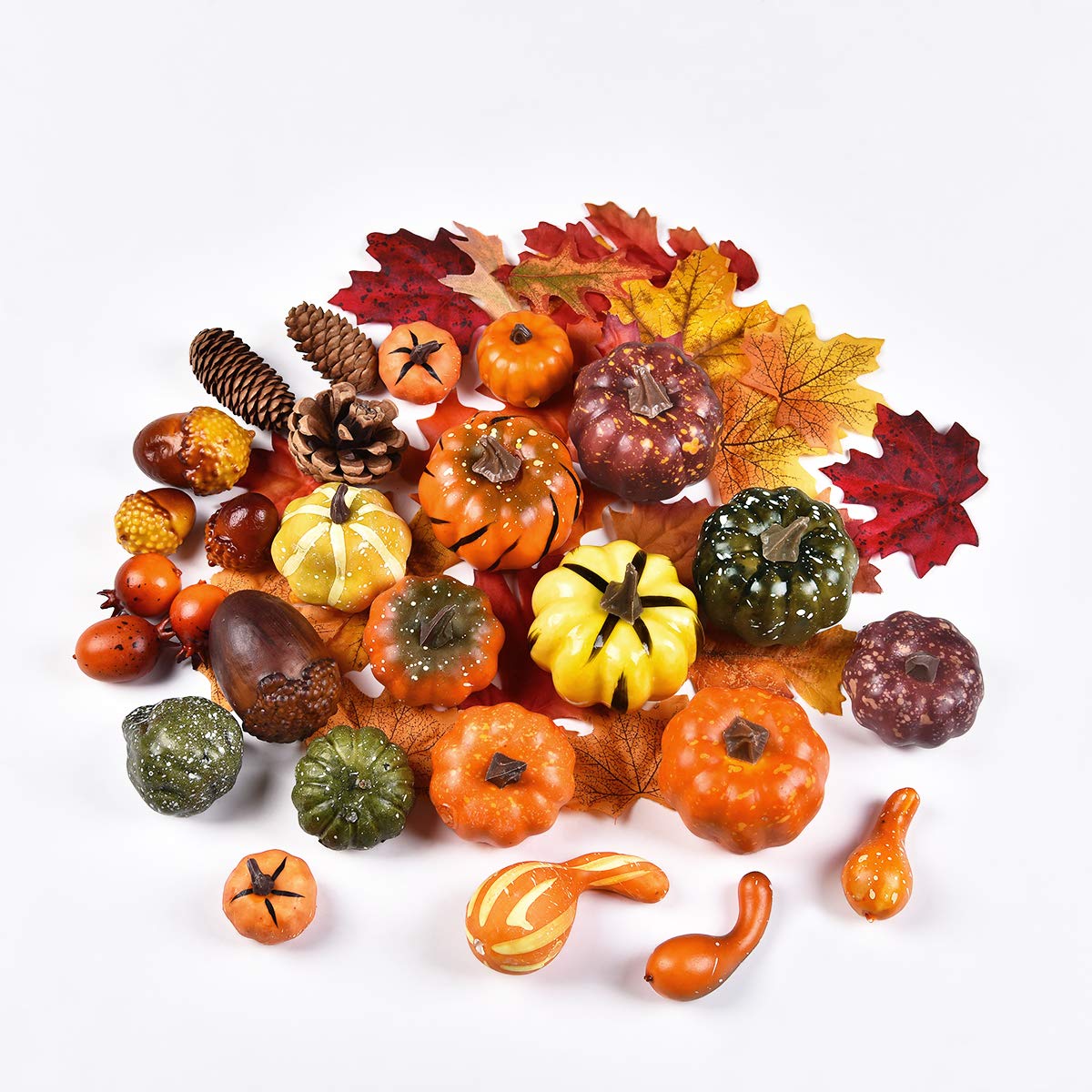 Hamore 38 Pieces Artificial Pumpkins with Maple Leaves Pine Cones Acorns in 3 Bags for Thanksgiving Day Decor, Mixed Fake Fruit Farmhouse Table Props Ornaments for Thanksgiving Day Halloween Party