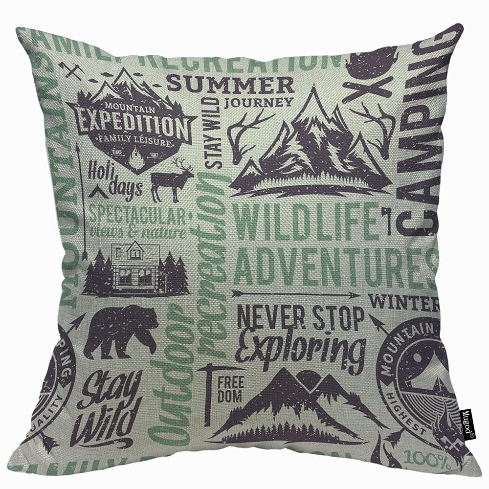 Mugod Camping Cushion Cover Throw Pillow Covers Retro Styled Mountain with Animal and Quotes Outdoor Adventures Pillow Case for Men Women Decorative Home Sofa Chair Couch 45x45cm/18x18 Inch