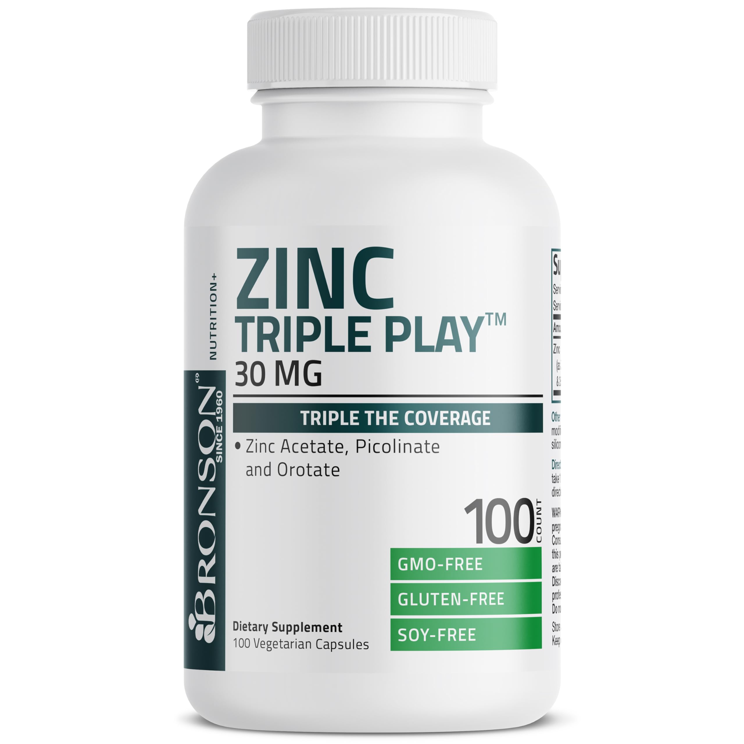 Bronson Zinc Triple Play 30 mg Triple Coverage Immune Support with Zinc Acetate, Picolinate & Orotate - Immune, Antioxidant & Skin Health Support - 100 Vegetarian Capsules