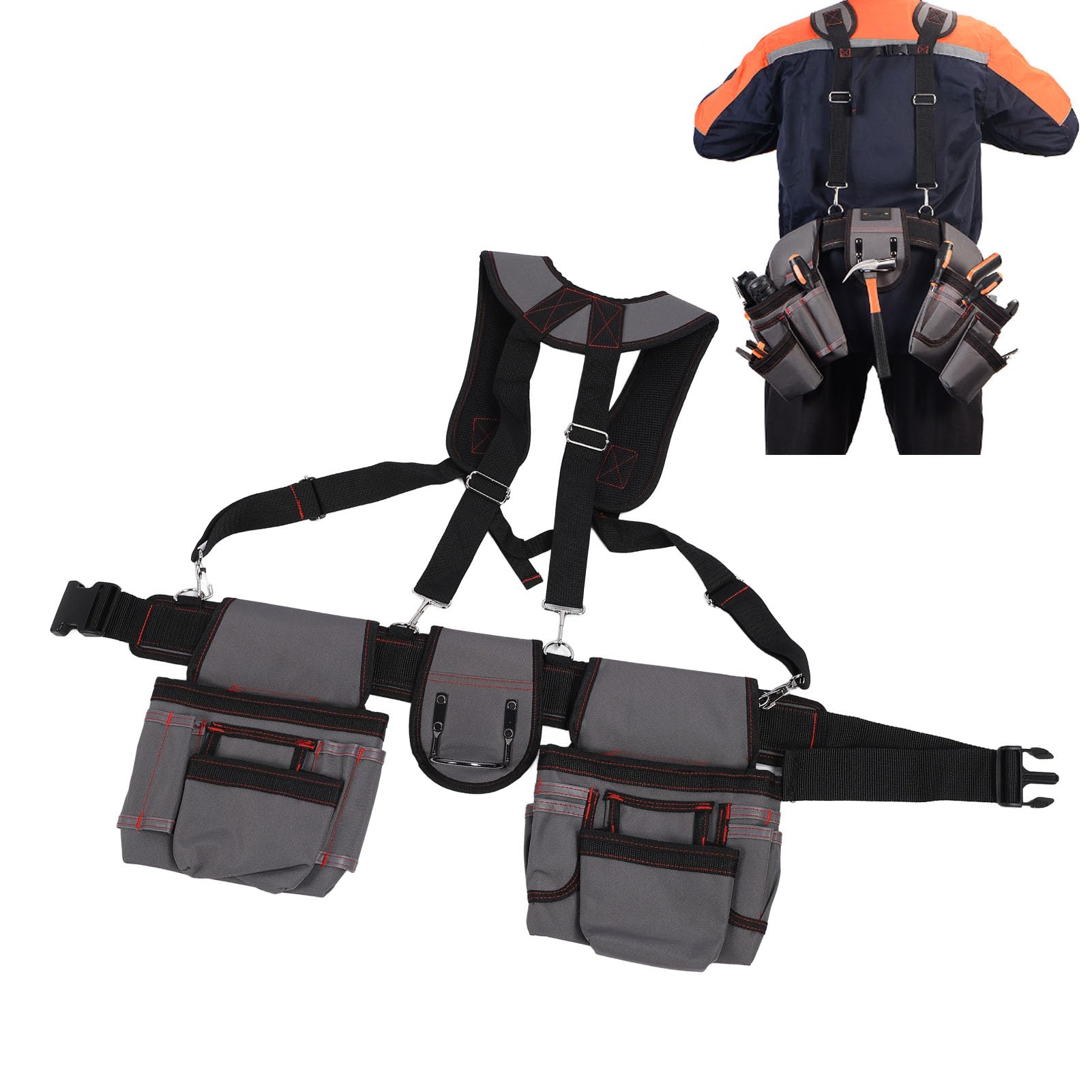 Tool Belt with Suspenders for Carpenters and Electricians Adjustable Heavy Duty Tool Bag Pouch with Reinforced Rivets Double Stitching Multiple Pockets Magnet Closure Gardening Construction Work